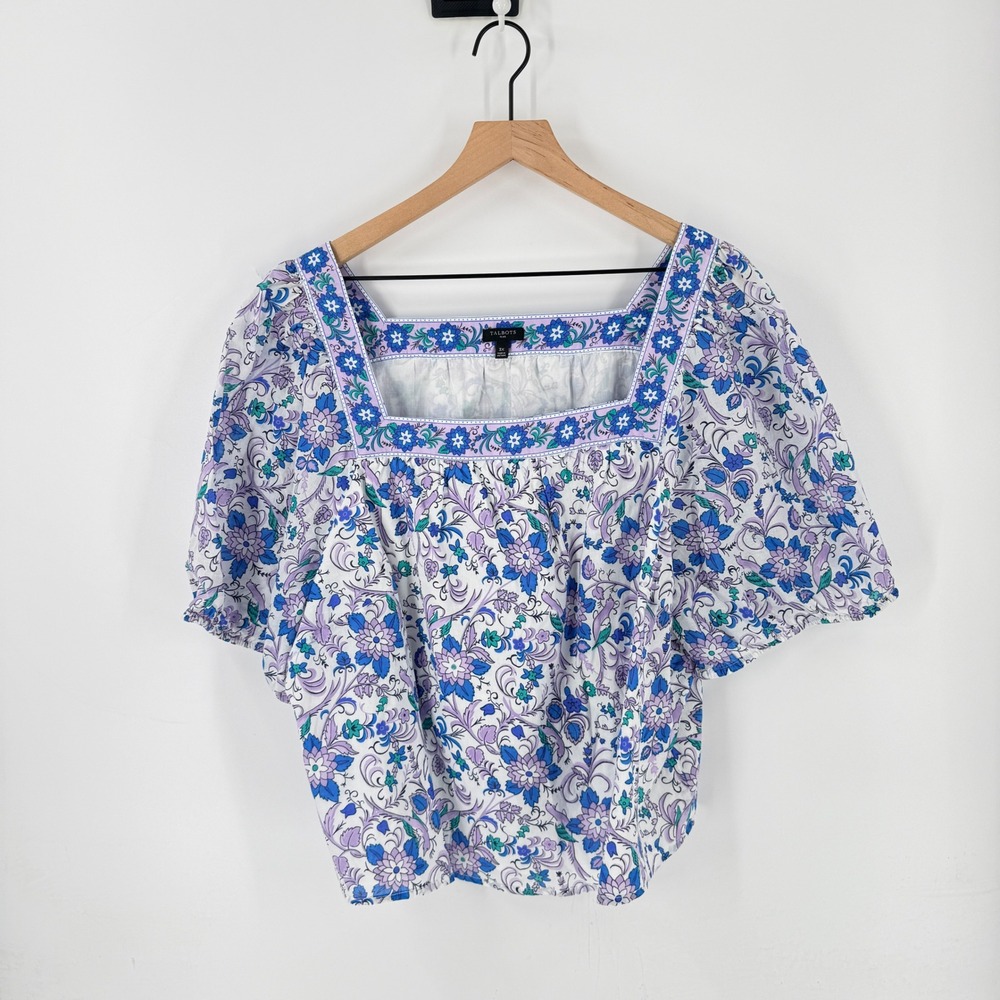 Talbots Plus Purple Blue 3X Floral Square Neck Puff Sleeve Top Boho Cottage